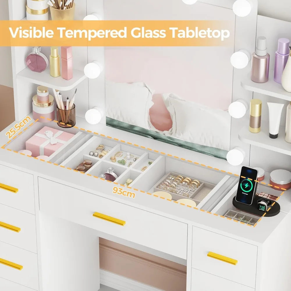 illuminated makeup vanity desk with glass top, 9 drawers, and power outlet for styling