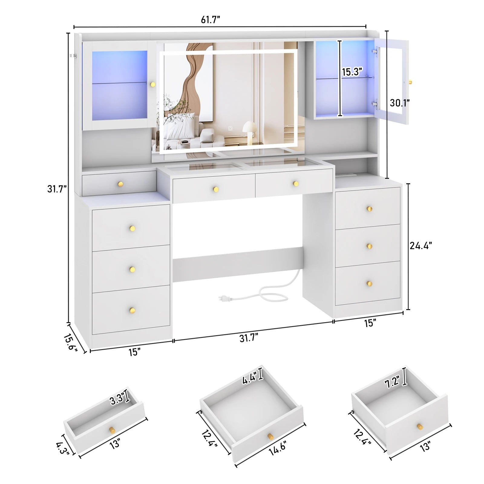 61.7" Large Vanity Desk with Mirror and Lights, Makeup Vanity with Charging Station, Sliding Drawers, 2 Cabinets with Glass Door
