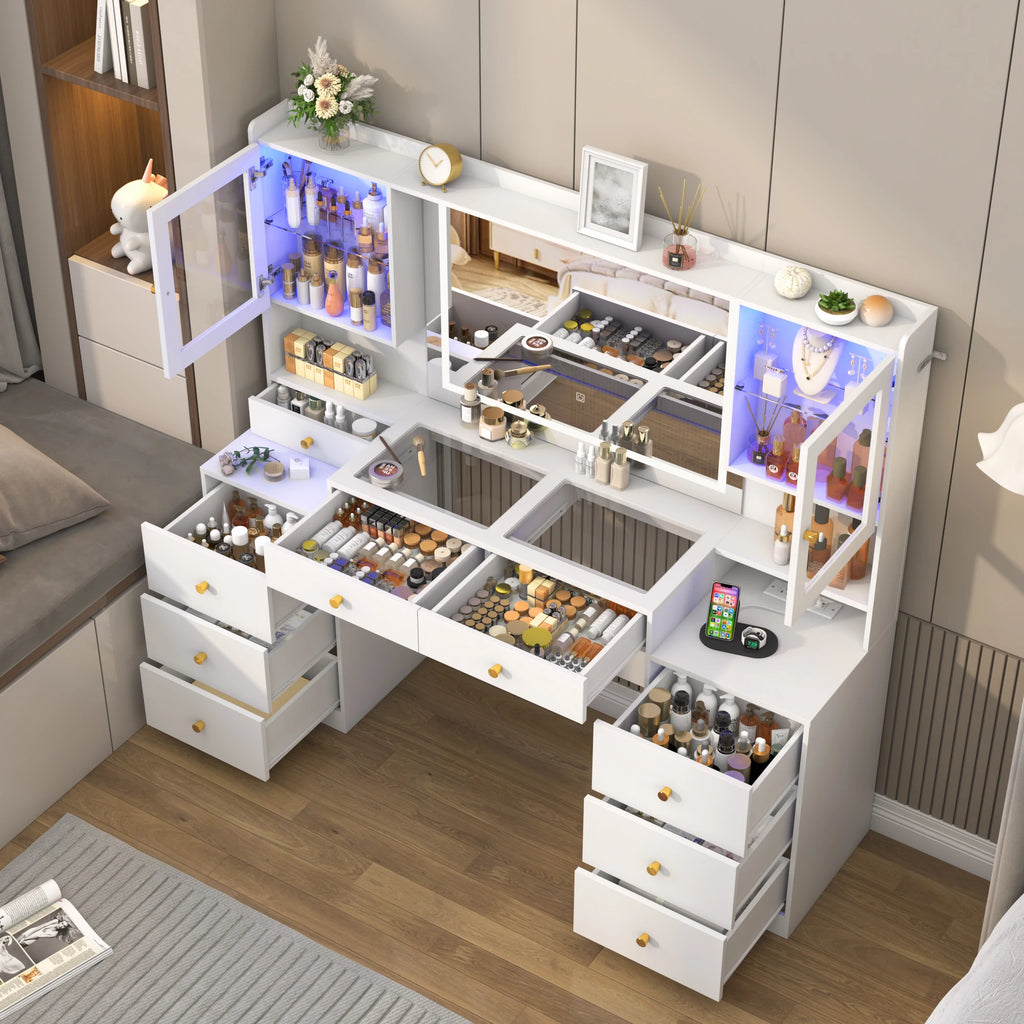 61.7" Large Vanity Desk with Mirror and Lights, Makeup Vanity with Charging Station, Sliding Drawers, 2 Cabinets with Glass Door