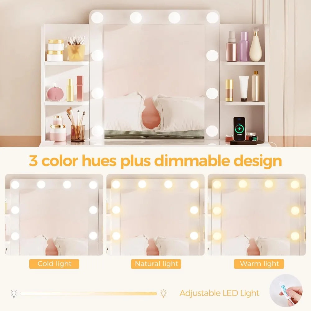 illuminated makeup vanity desk with glass top, 9 drawers, and power outlet for styling