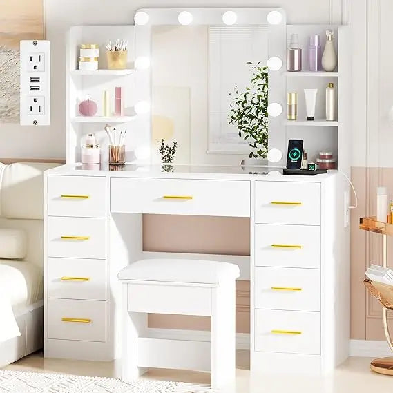 illuminated makeup vanity desk with glass top, 9 drawers, and power outlet for styling
